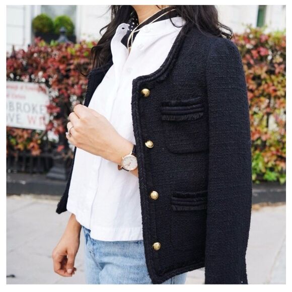 J. Crew Women’s Black Cropped Lady Tweed Jacket Gold Buttons Fringe Trim Pockets - Picture 15 of 15